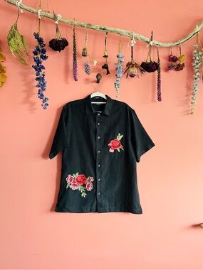 Men’s Textured Short Sleeve Button Down Shirt, REWORKED with floral patches.